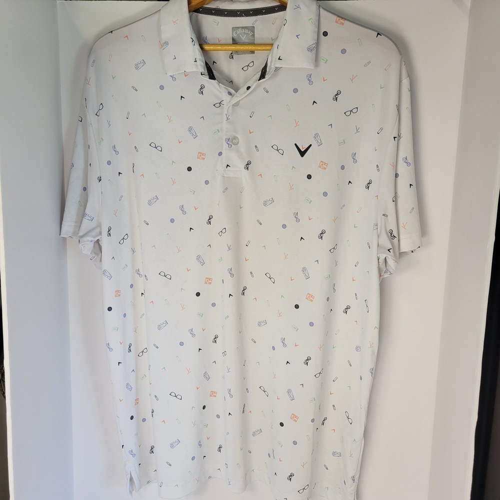 Callaway Opti-Dri Mens Large White Golf Polo Novelty Print Short Sleeve Shirt